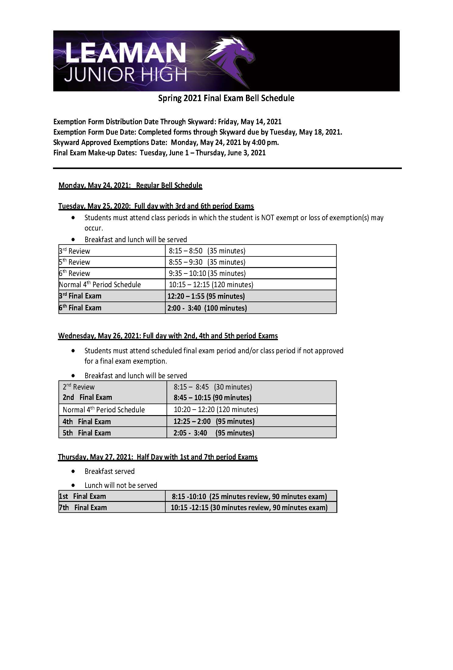 DLJHSpring2021FinalExamBellSchedule